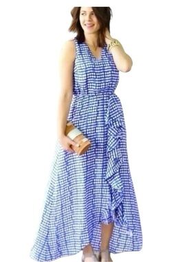 Vineyard Vines Blue and White High-Low Maxi Dress ruffle size 8 silk